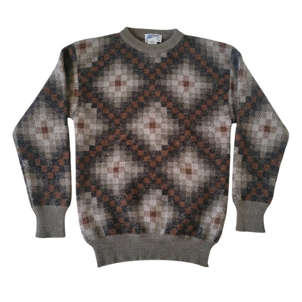 VTG Italian Wool Acrylic Sweater Mens M Brown Grey Argyle Knit Geometric Grandpa
